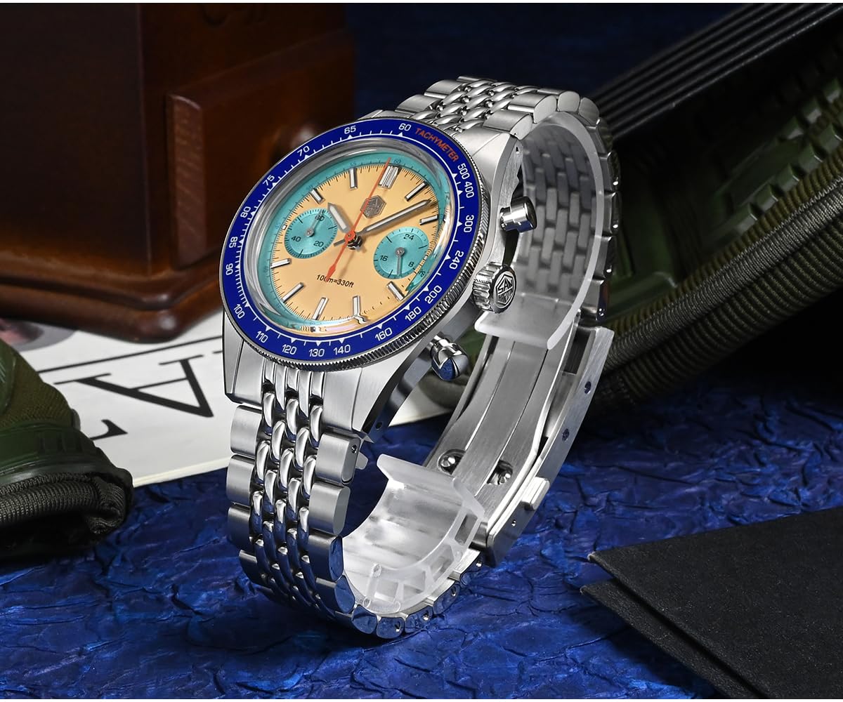 San Martin Men Chronograph Watch Sport Pilot 39.5mm Panda Quartz Wristwatch 10ATM Luminous VK64 Sapphire Mirror