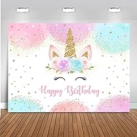 Mocsicka Rainbow Unicorn Backdrop Happy Birthday Party Decorations for Girls Watercolor Floral Glitter Stars Dots UnicornCake Table Banner Supplies Studio Props (8x6ft)