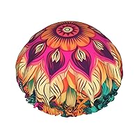 Boho Mandala Colorful Flowers Print Shower Cap For Women Double Layer Waterproof Bath Cap Elastic Reusable Shower Hat Hair Protection Bath Hat For Spa Salon Bathing Ladies