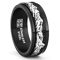 Metal Masters Co. Men's Black Stainless Steel Fidget Ring Anxiety Wedding Band Outdoor Engraved Mountain 8MM