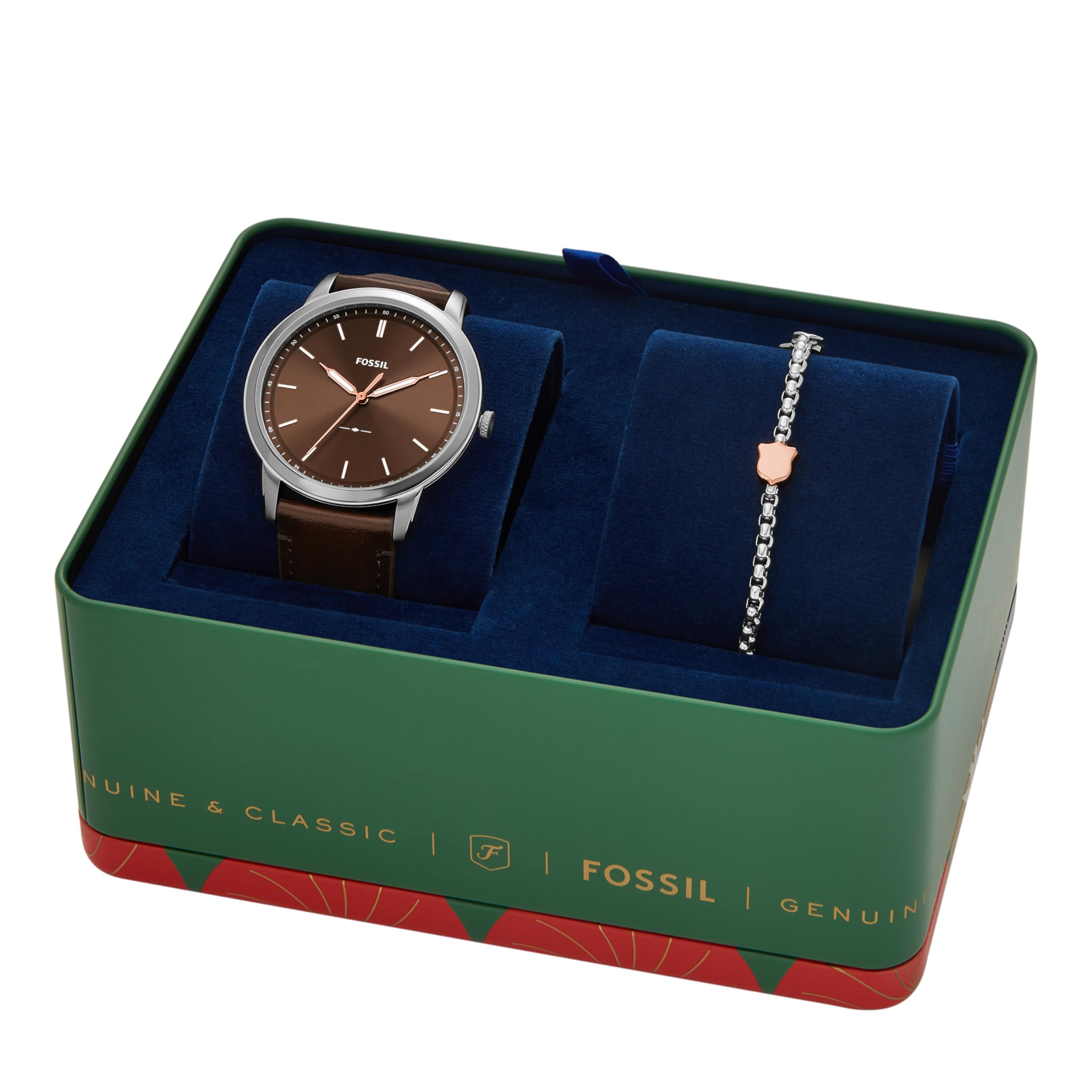 Fossil Men's Minimalist Quartz Stainless Steel Watch and Bracelet Gift Set, Color: Silver/Brown Bracelet Set (Model: FS6019SET)