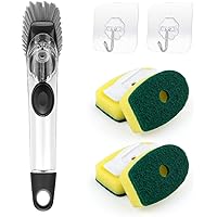 Dish Brush with Soap Dispenser with 4 Sponge Replacement Heads and 2 Adhesive Hooks, Kitchen Dish Brush for Cleaning Utensils, Pans, Kitchen, Bathroom and Home