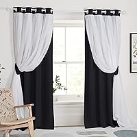 PONY DANCE Black Blackout Curtains with Sheer Overlay, Thermal Insulated Privacy Mix & Match Double Layer Room Darkneing Curtains for Bedroom, Living Room, 2 Window Panels with Tiebacks, 52W X 90L