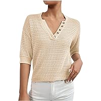 Women Knit Shirts Buttons V-Neck Short Sleeve Casual Slouchy Loose Blouses Plain Tunic Lightweight Summer Tops