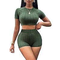 GORGLITTER Women's 2 Piece Outfits Honeycomb Pattern Short Sleeve Crew Neck Crop Tee Top and Shorts Set