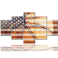 Retro Basketball Canvas Wall Art US USA American Flag Prints Sports Artwork Wall Decor Home Picture for Bedroom Living Room Flag Thin Red Line Paintings image5 Panel Framed Ready to Hang(60''Wx32''H)