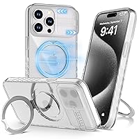 Case for iPhone 15 Pro Max, Magnetic Invisible Kickstand [Compatible with MagSafe] [Slide Camera Cover] Mil-Grade Shockproof Translucent Matte Back Phone Cover 6.7