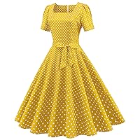 Women's Vintage 1950s Square Neck Short Sleeve Polka Dot Bow A-Line Cocktail Dress Rockabilly Party Swing Dresses