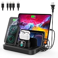Wireless Charging Station for Multiple Devices - 6 in 1 USB Charging Dock Built-in AC Adapter with 10W Max Wireless Charger Stand and 5 USB Ports for iPhone, iPad, Android, Apple Watch, AirPods