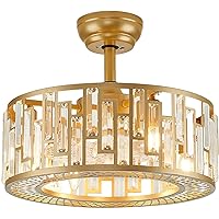 Gold Crystal Fandelier Kitchen, Caged Ceiling Fan Light for Bedroom with Remote Control, Modern Bladeless Brass Ceiling Fan Lighting Fixture for Dining Room Living Room