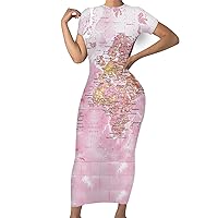 World Map Dress Women Long Tight Floral Dress Bodycon Dress Short Sleeve Vintage Maxi Dress 4XL