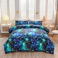 Holawakaka Tie Dye Constellation Print Ombre Comforter Set Twin Size Girls Boys Gradient Galaxy Bedding Set (Black Green,Twin)