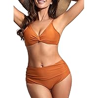 Bikini Set for Women Solid V Neck Two Piece Swimsuit High Waisted Back Tie Knot Bating Suits