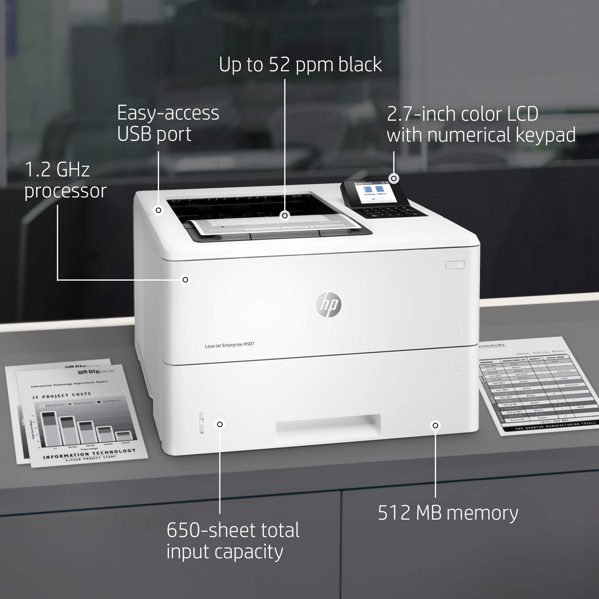 HP LaserJet Enterprise M507n Monochrome Printer with built-in Ethernet (1PV86A), White