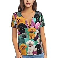 Poodles Dogs Women's Flowy Tops,V-Neck T-Shirts, Plus Size Blouses with Short Sleeves, Suitable for Summer,Work Wear
