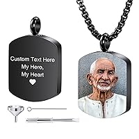 Personalized Engraved Photo/Text/Date Cremation Urn Necklace for Ashes Custom Cremation Jewelry Memorial Gifts for Men Women Stainless Steel Dog Tag Pendant with Funnel Kit
