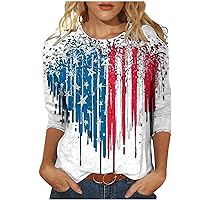 Ladies Patriotic Tops 3/4 Sleeve Fashion Tops for Women American Flag Independence Day Tshirts Cute Festival Blouse