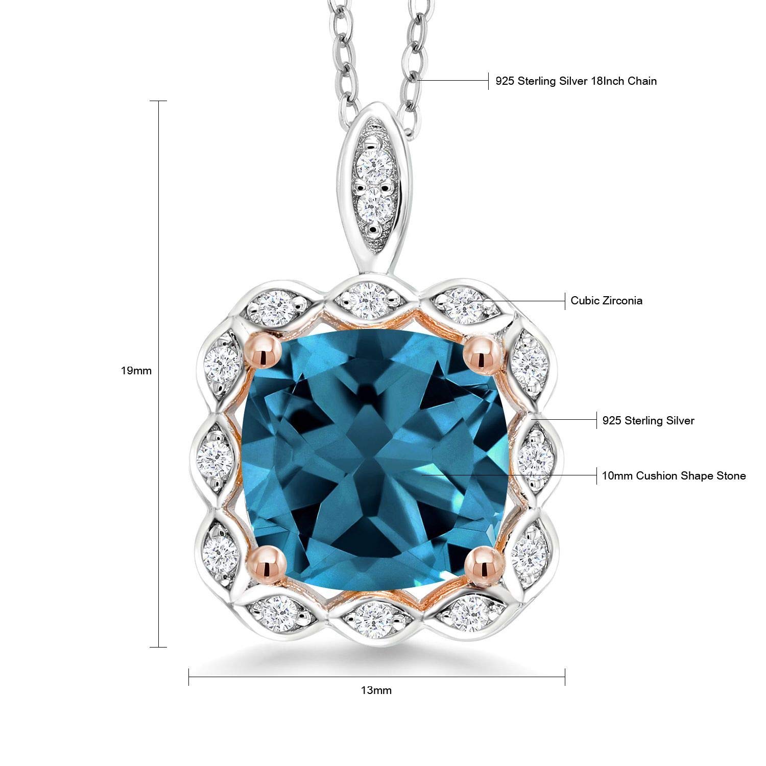 Gem Stone King 925 2 Tone Sterling Silver London Blue Topaz Pendant Necklace For Women (5.37 Cttw, Gemstone Birthstone, with 18 Inch Chain)