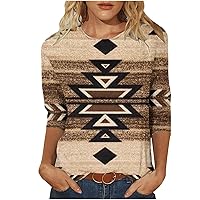 Women Aztec Print Shirts Vintage Geometric Crewneck Pullover Tops Casual 3/4 Sleeve Ethnic Western Graphic Blouses