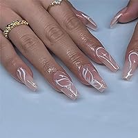 24Pcs Line Art Press on Nails Coffin Long Length Nude Fake Nails with White Butterfly Design Lines Art Acrylic Nails Stick on Nails Full Cover False Nails with Glue on Nails for Women and Girls Nails