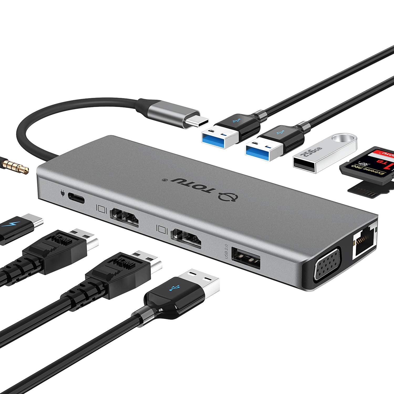 USB C Hub, TOTU 13-in-1 Type C Hub with Ethernet, 4K USB C to 2 HDMI, VGA, 2 USB 3.0, 2 USB 2.0, 100W PD, SD/TF Cards Reader, Mic/Audio Docking Station for MacBook Pro Air XPS and Other USB-C Laptops