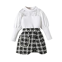 Biivrii Toddler Girl Fall Winter Clothes Ribbed Long Sleeve T-Shirts Mini Plaid Skirts Beret Cap Infant Baby 3Pcs Clothes Set