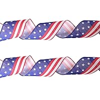 2PCS Independence Day Wired Edge Ribbon Patriotic Star Stripe USA Flag Burlap Ribbon Red Blue White Fabric Ribbon for 4th of July DIY Gift Wrapping Wreath Crafts Decor (D)