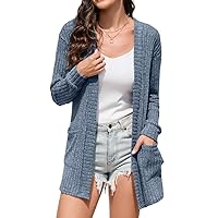 HIYIYEZI Womens Long Sleeve Cardigan Open Front Casual Knit Sweaters Coat Soft Outwear with Pockets
