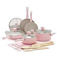 GreenLife Sandstone Healthy Ceramic Nonstick, 15 Piece Kitchen Cookware Pots and Frying Sauce Pans Set, PFAS- Free, Dishwasher Safe, Pink