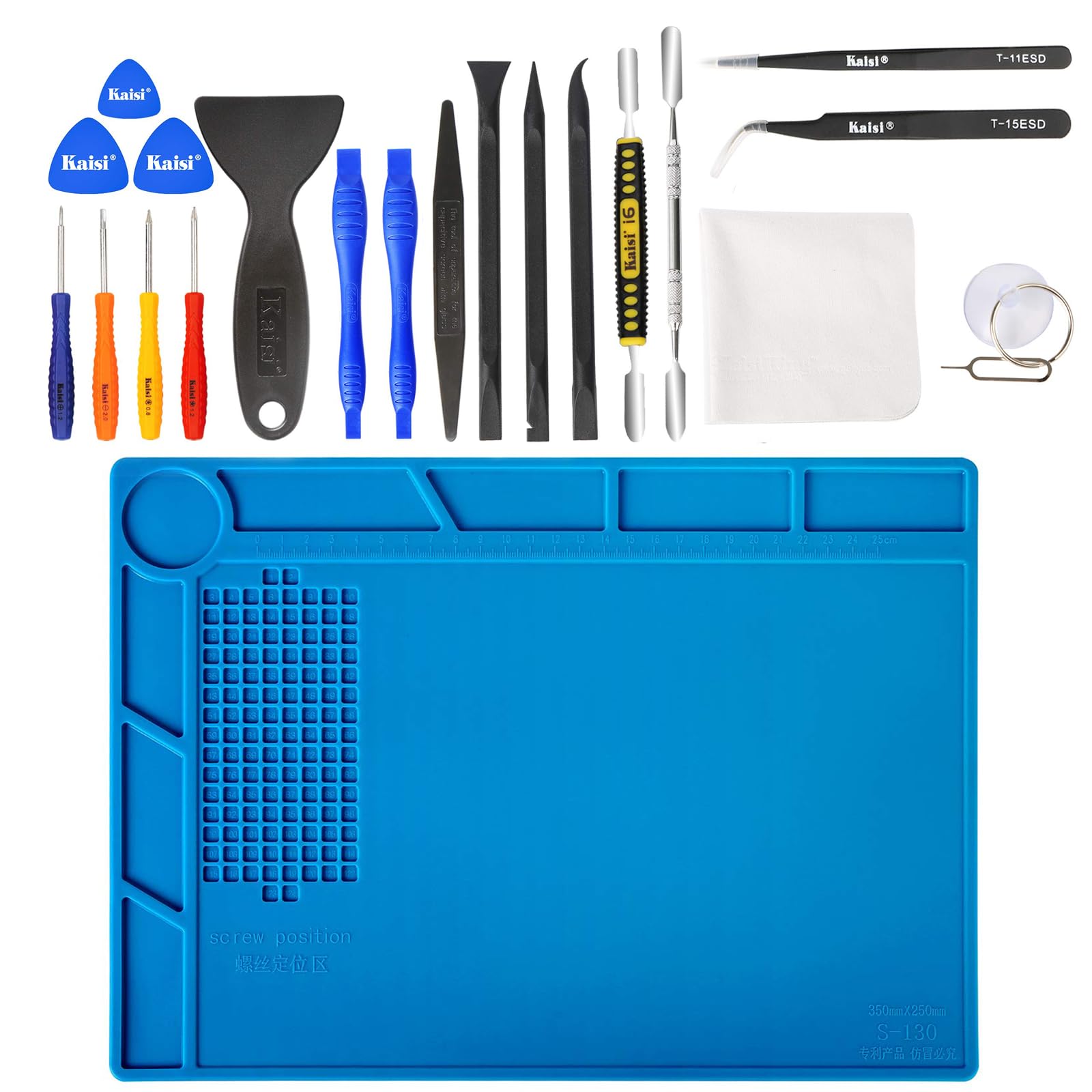 Kaisi Professional Electronics Opening Pry Tool Repair Kit +S-130 Insulation Silicone Soldering Mat Repair Mat Nylon Spudgers and Anti-Static Tweezers for Cellphone iPhone Laptops Tablets and More