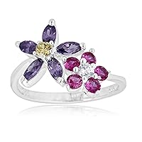 AVORA 925 Sterling Silver Adjustable Bypass Flower Toe Ring with Pink and Purple Simulated Diamond CZ