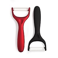 Cooking Light Ceramic Peeler Set with Ultra Sharp and Durable Blades, Ergonomic Handles Black and Red Kitchen Tools, 2 Piece, Black/Red