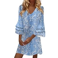 Flowy Dresses for Women Summer Trendy Floral Print Lace Patchwork Beach Dress,Casual V Neck Bell Sleeve Mini Dress