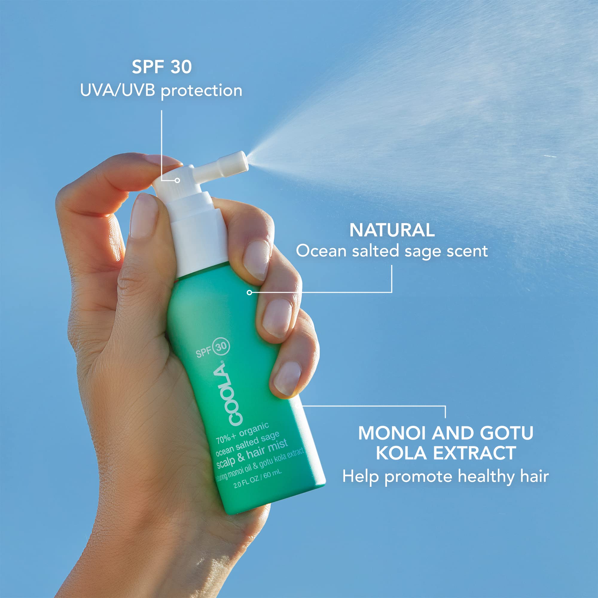 COOLA Organic Scalp Spray & Hair Sunscreen Mist With SPF 30, Dermatologist Tested Hair Care For Daily Protection, Vegan And Gluten Free, Ocean Salted Sage, 2 Fl Oz