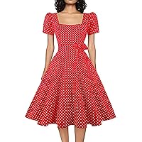 OBBUE Women's Square Neck Dress Vintage 1950s Cocktail Party Dress with Puff Sleeves