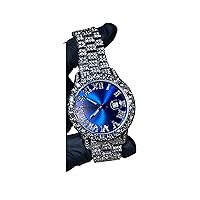 Men's Round Silver Blue Dial Wrist Watch Band Luxury CZ Diamond Iced Bracelet Watch Roman Numeric Dial Watch For Men Women Hip Hop Rapper Choice, Jewelry Watch, Iced Watch Custom Fit, Bust Down Watch