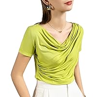 Women's Modal Tops Summer Fashion Sexy V Neck Short Sleeve Pleated Patchwork Soft Blouses Elegant Formal Work Shirts