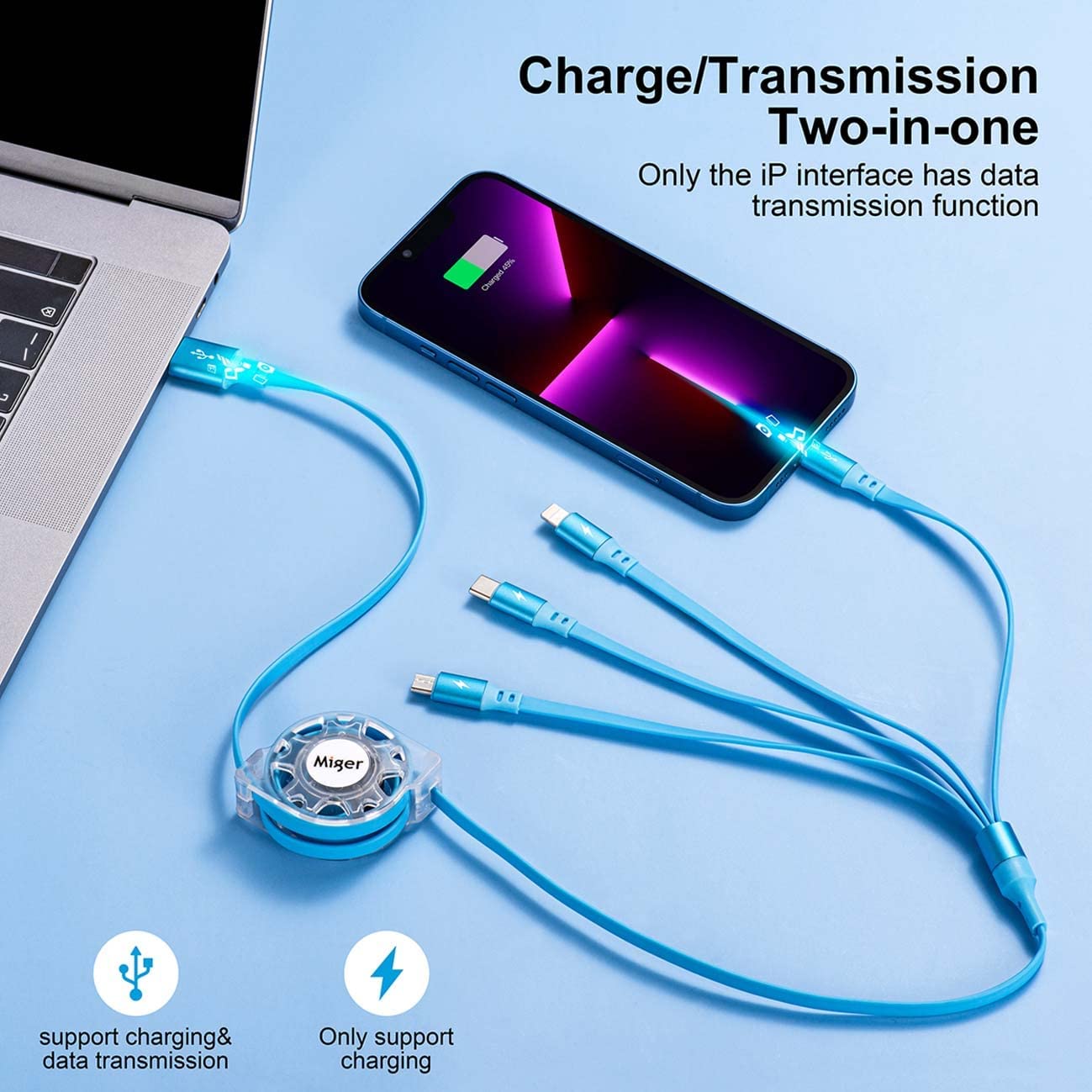 Multi Charging Cable 4A 2Pack 4Ft Retractable Fast Charger Cable 4 in 1 Multi Charging Cord USB Cable with Lightning/Type C/Micro USB Ports for Cell Phones,iPhone,iPad,Samsung Galaxy,Tablets and More