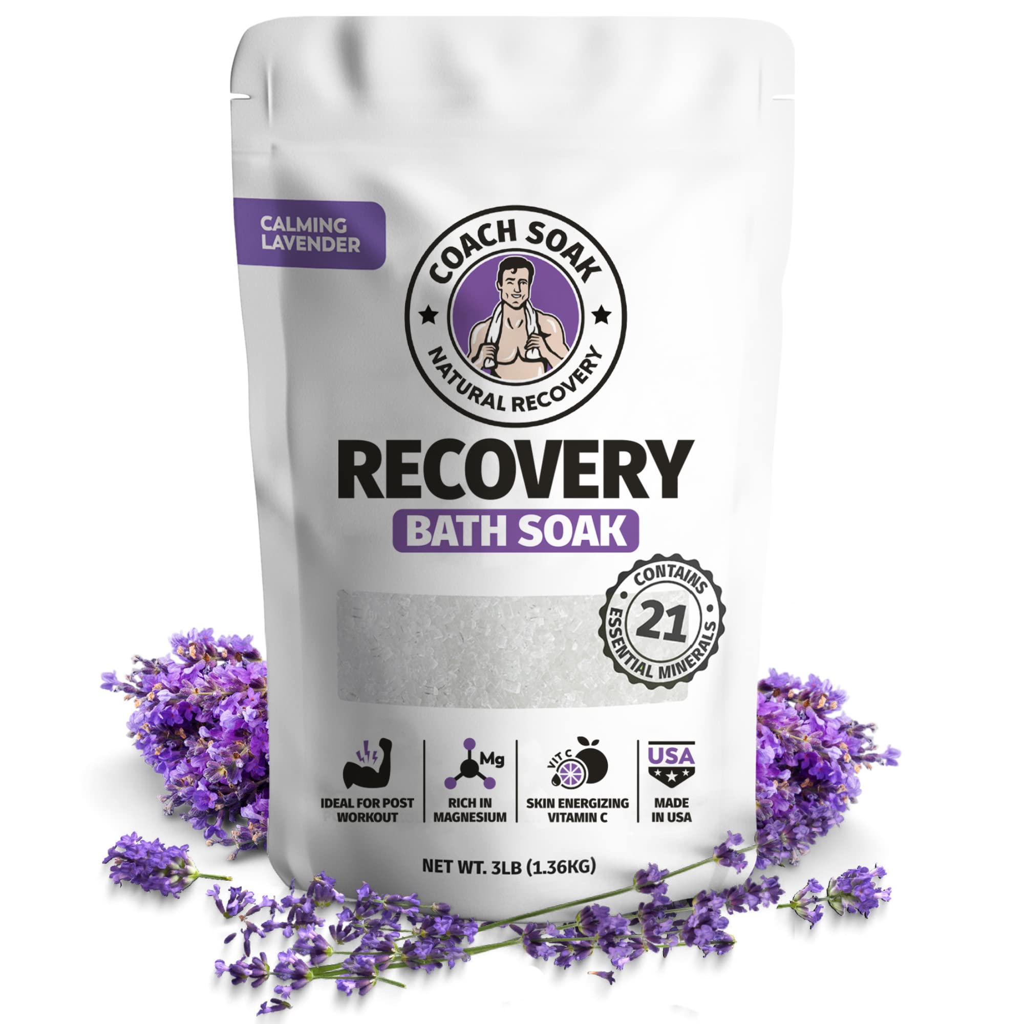 Coach Soak: Recovery Bath Soak - Absorbs Faster Than Epsom Salts for Soaking for Pain – Rejuvenating Post Workout Magnesium Flakes -21 Minerals, Essential Oils & Dead Sea Bath Salts (Calming Lavender)