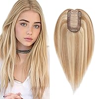 SEGO Real Human Hair Topper for Women, No Bangs Hair Topper with Anti-Slip Clips (16 Inches Golden Brown Mix Bleach Blonde)