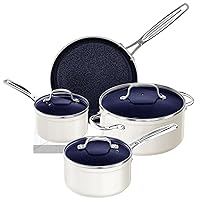 Nuwave 7pc Cookware Set Healthy Duralon Blue Ceramic Nonstick Coated, Diamond Infused Scratch-Resistant, PFAS Free, Oven Safe, Induction Ready & Evenly Heats, Tempered Glass Lids & Stay-Cool Handle