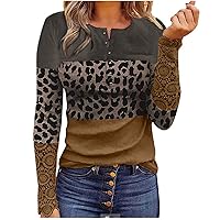 Fall Shirts for Women Casual Long Sleeve Lace Patchwork Slim Fit Button Up Henley Tunic Top Comfy Rib-Knit Tee Shirts