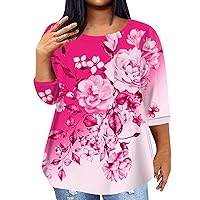 Womens 3/4 Sleeve Tops Printed Round Neck Shirts Casual Relaxed Fit Tees Comfy Trendy Blouses Lightweight T-Shirt