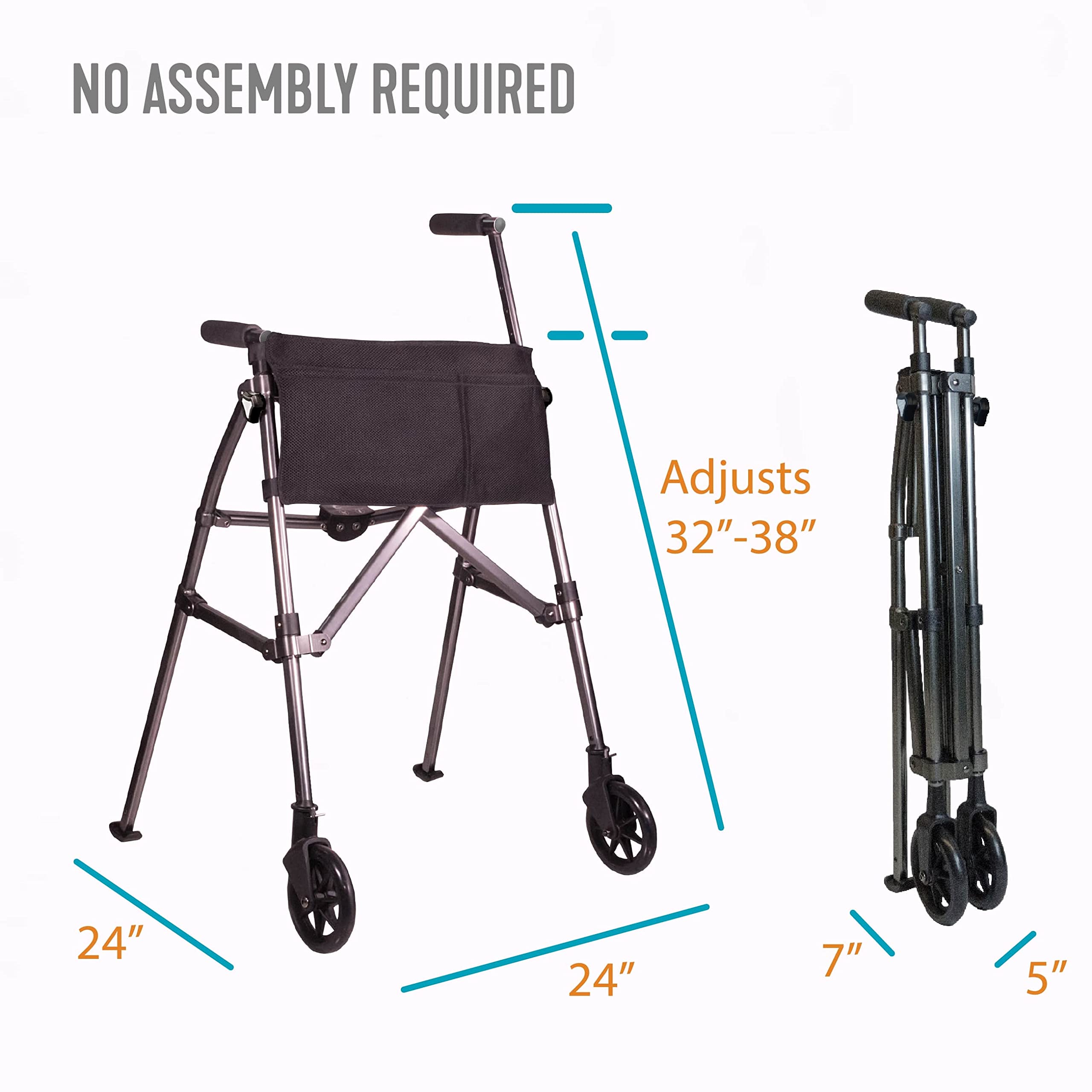 Stander EZ Fold-N-Go Walker, Lightweight Folding Rolling Walker for Adults, Seniors, and Elderly, Collapsable Travel Walker with Wheels, Ski Glides, and Pouch, Compact Standard Walker, Vivid White