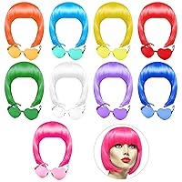 PLULON 9 Pcs Colorful Short Bob Wig and 9 Pcs Sunglass Set Neon Colored Wigs Cosplay Wigs Daily Party Hairpieces for Bachelorette Glow in The Dark Neon Party Favors Halloween Decorations Supplies