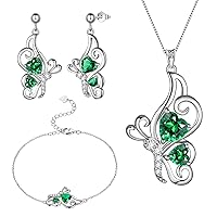 Green Butterfly Heart Jewellery Sets Women 925 Sterling Silver Animal Butterflies May Created Emerald Birthstone Emerald Necklace/Earring/Bracelet Set Crystal Wedding Birthday Jewelry DS0100G