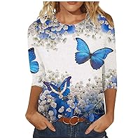 3/4 Sleeve Spring Work Sweatshirt Women Cool Loose Fit Breathable Top for Womens Butterfly Round Neck Tops