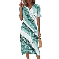 Women Beach Dress Summer Dresses for Women, 2024 Spring Summer Fashion Side Button Floral Dress, Short Sleeve V Neck Splice Dresses Mint Green XX-Large