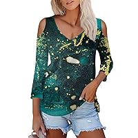 Shirts for Women 2024 Summer Fashion Casual Solid Color Printed Strapless V-Neck Seven Sleeve T-Shirt Top