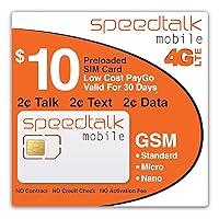 SpeedTalk Mobile $10 SIM Card Kit for 5G 4G LTE iOS Android Smart Phones | 2¢ Talk Text Data | 3 in 1 Simcard Standard Micro Nano | No Contract No Credit Check | 30 Days Cellphone Plan | US Coverage